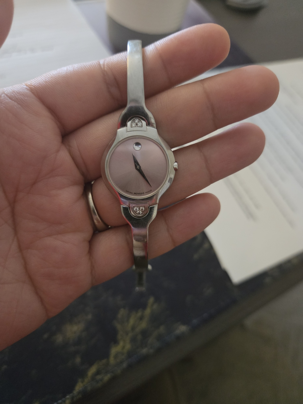 Movado Ladies Stainless Steel Watch with Pink Dial and Crystal Accents